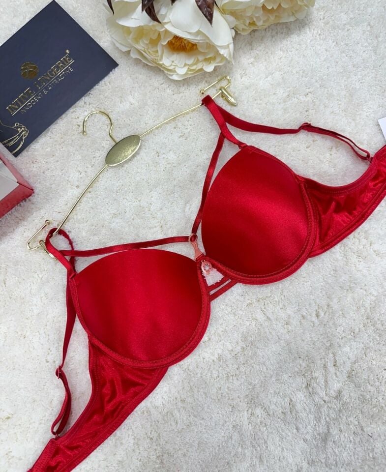 Le Jardin Monica Göğsü Şeritli Mikro Push-up Arkası İp Detaylı Sütyen - 7008 Kırmızı - 90B