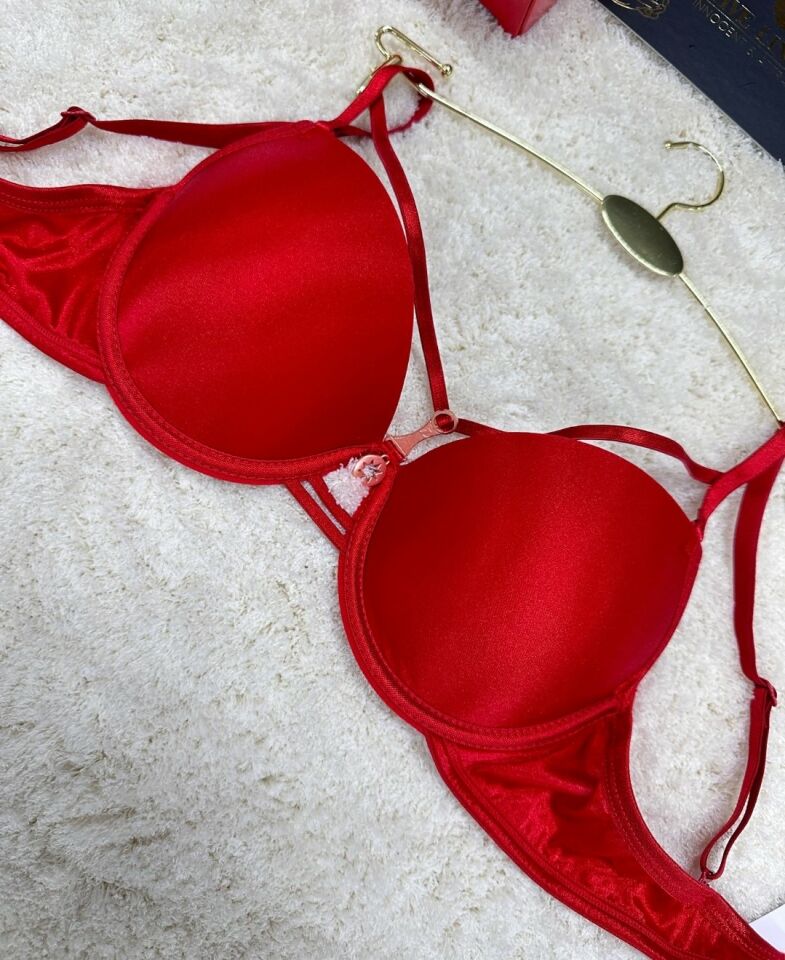 Le Jardin Monica Göğsü Şeritli Mikro Push-up Arkası İp Detaylı Sütyen - 7008 Kırmızı - 90B