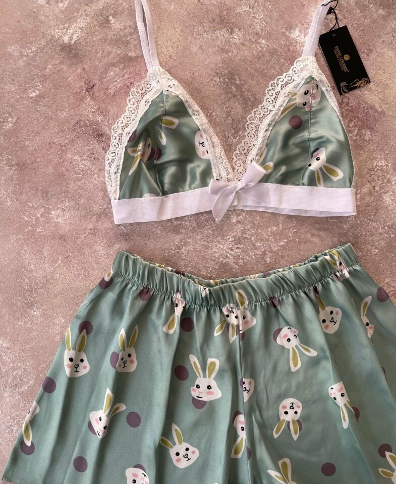 Kadın Tavşan Desen Detaylı Yazlık Saten Bralet Şort Takım Yeşil - XL