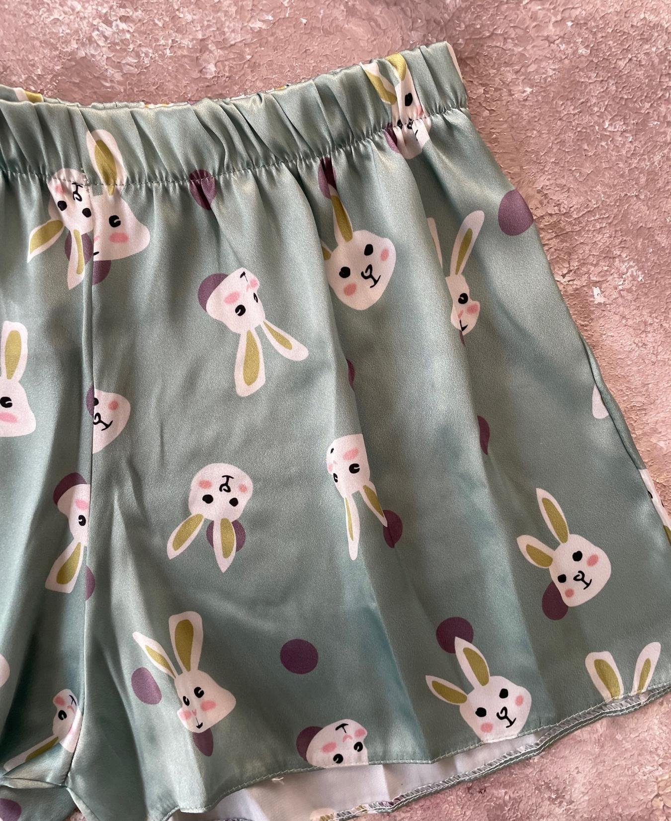 Kadın Tavşan Desen Detaylı Yazlık Saten Bralet Şort Takım Yeşil - XL