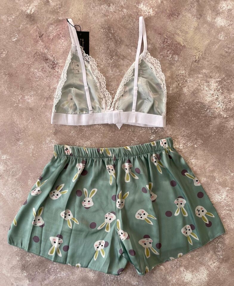 Kadın Tavşan Desen Detaylı Yazlık Saten Bralet Şort Takım Yeşil - XL