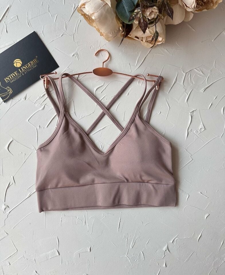 Aurafit V Yaka Arkası Çapraz İp Askılı Tasarım Spor Sütyeni/Büstiyer-9024 Bej - M/L
