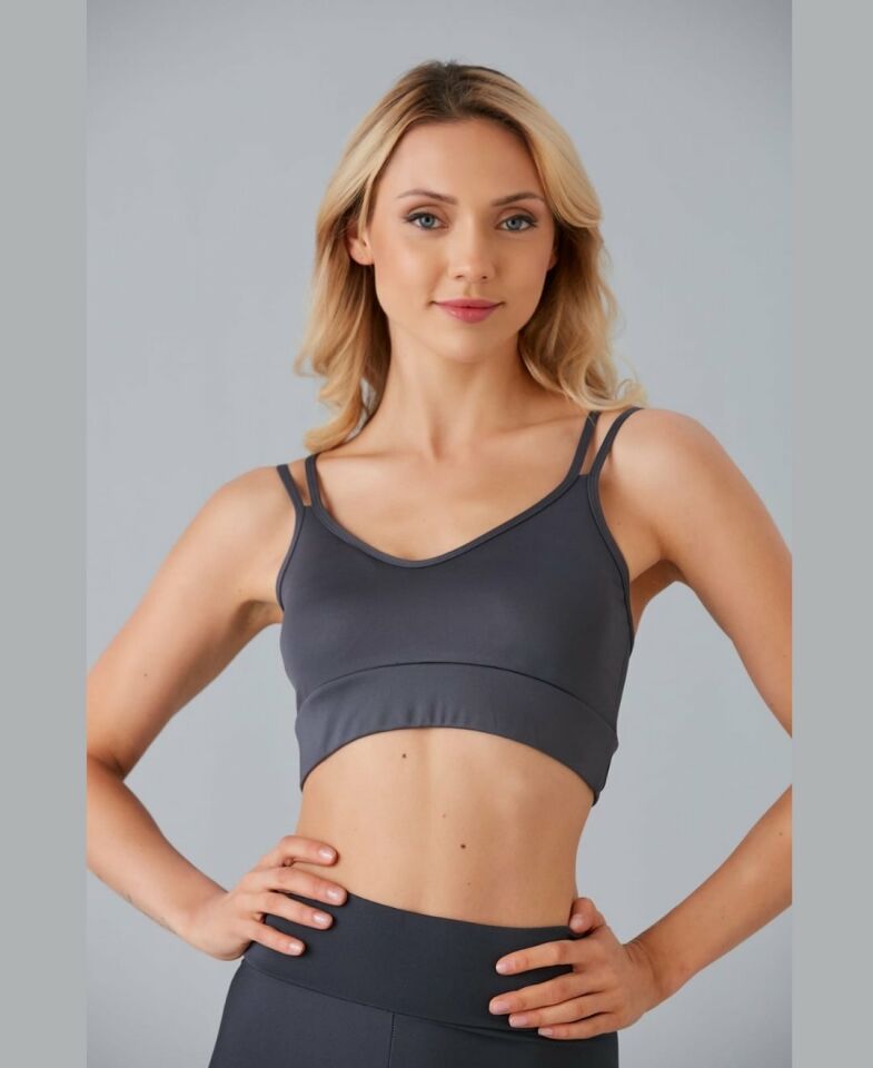 Aurafit V Yaka Arkası Çapraz İp Askılı Tasarım Spor Sütyeni/Büstiyer-9024 Gri - S/M