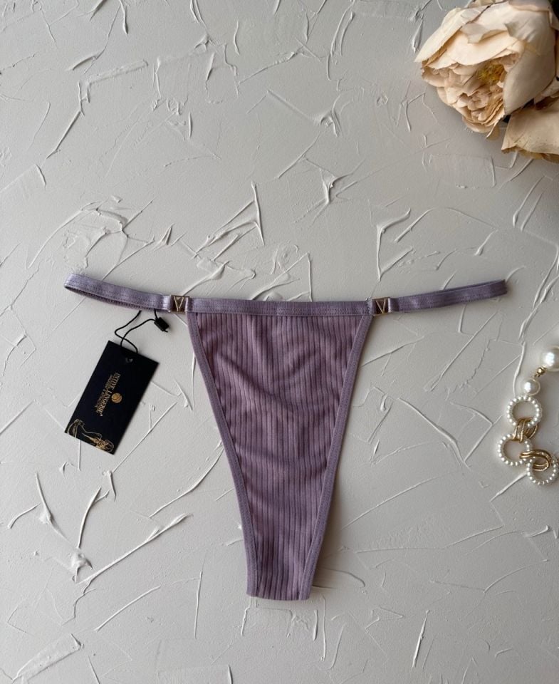 Victoria Yanları V Aksesuarlı %95 Pamuklu Fitilli Tanga Lila - Tek Ebat