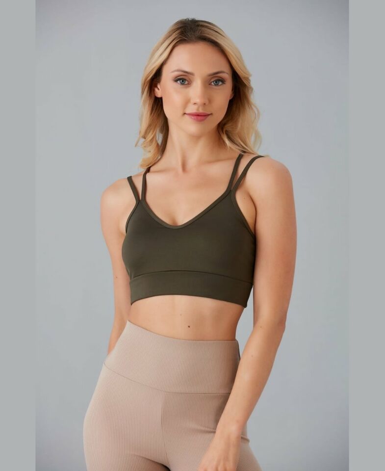 Aurafit V Yaka Arkası Çapraz İp Askılı Tasarım Spor Sütyeni/Büstiyer-9024 Haki Yeşil - S/M