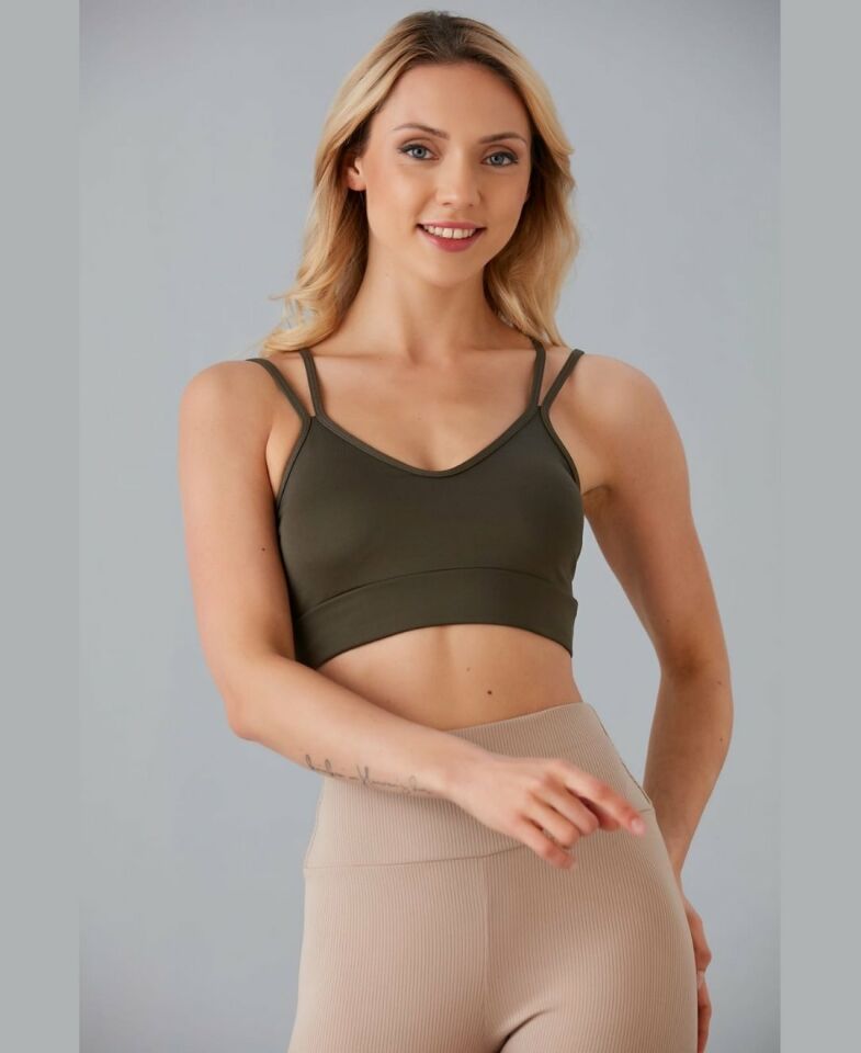 Aurafit V Yaka Arkası Çapraz İp Askılı Tasarım Spor Sütyeni/Büstiyer-9024 Haki Yeşil - S/M