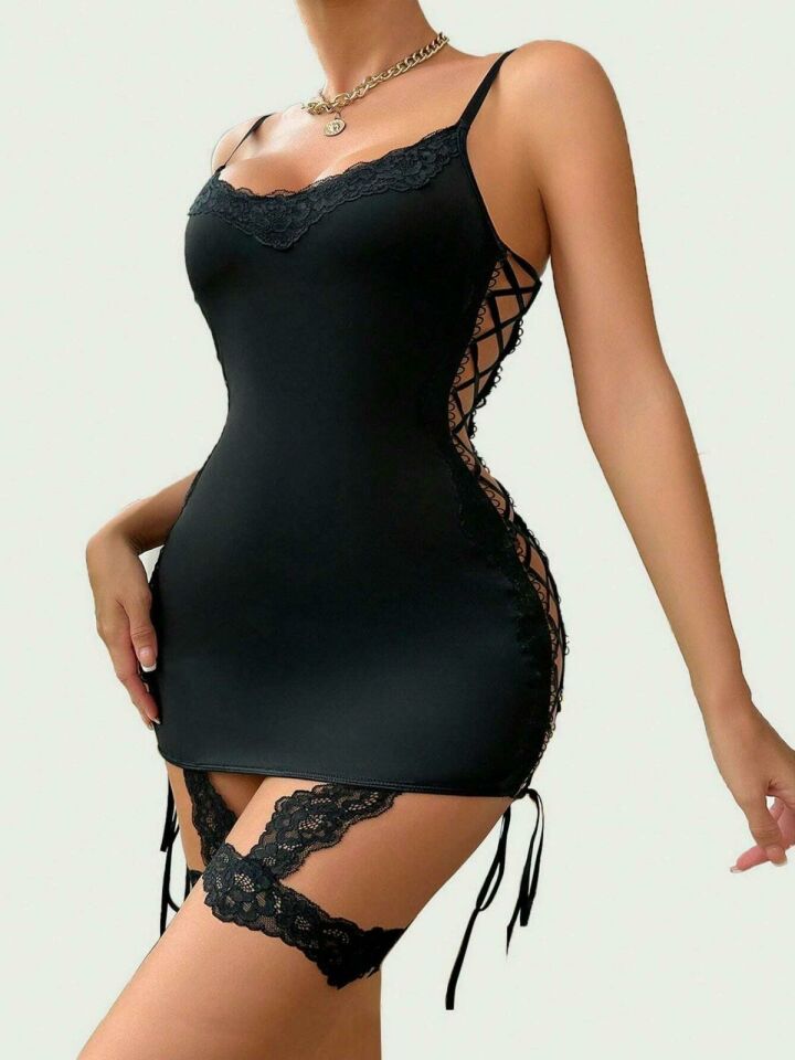 YNT Siyah Yanları Çapraz Bağlamalı Jartiyer Gecelik  PR2371 Siyah - 2XL-3XL