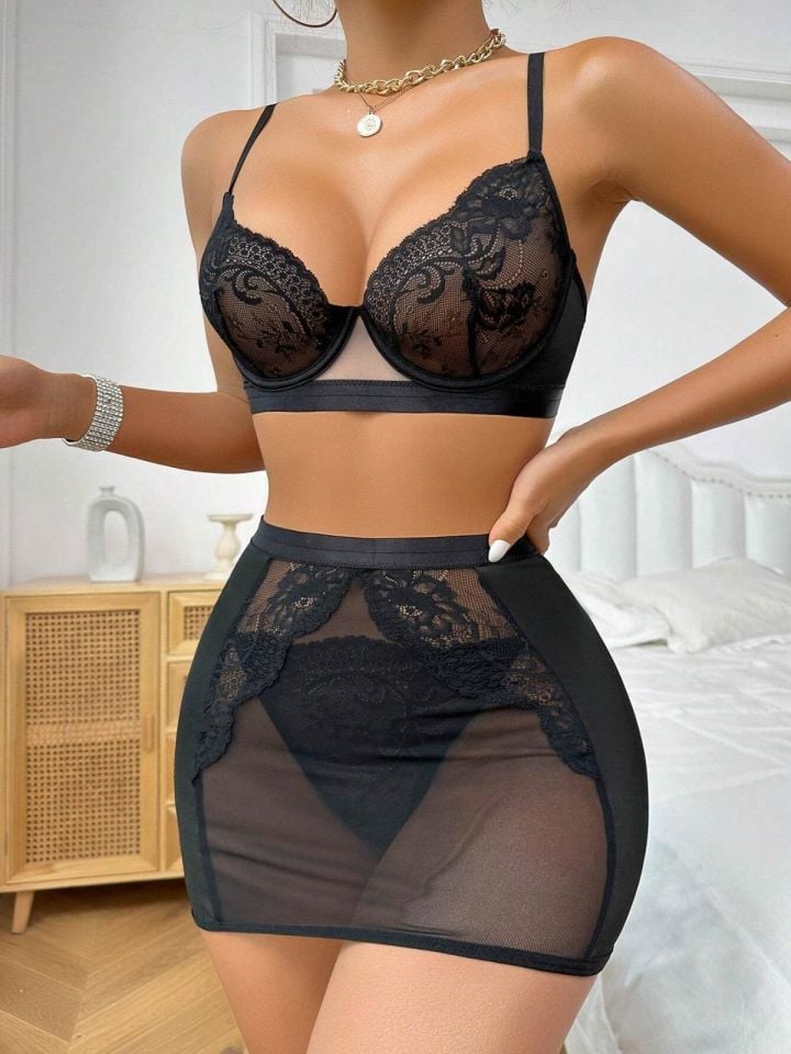YNT  Siyah Dantel Detay İç Çamaşır Takım PR2369 Siyah - 2XL-3XL