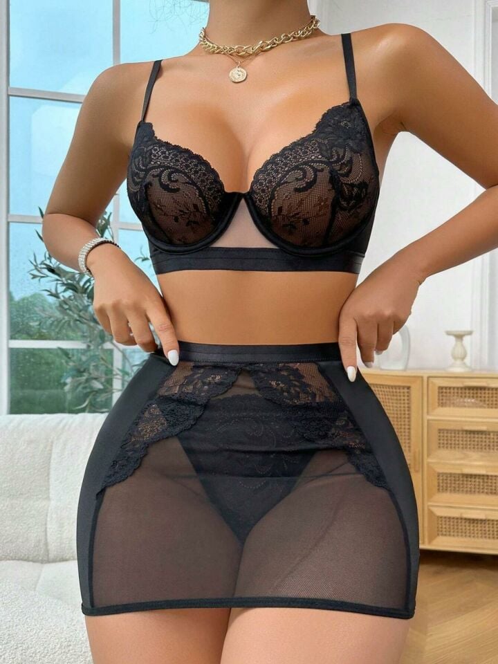 YNT  Siyah Dantel Detay İç Çamaşır Takım PR2369 Siyah - 2XL-3XL
