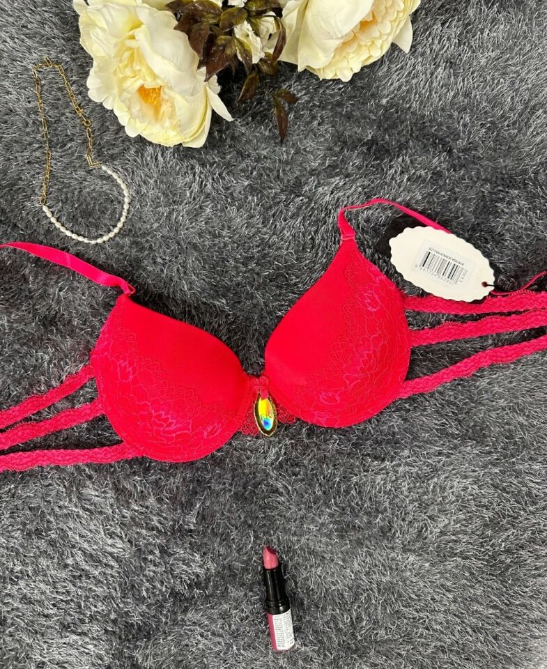 Intive Bride Yanları 3 Şeritli Dantelli Balenli Boş Cup Sütyen (Kırmızı-Beyaz)-258 Kırmızı - 80B
