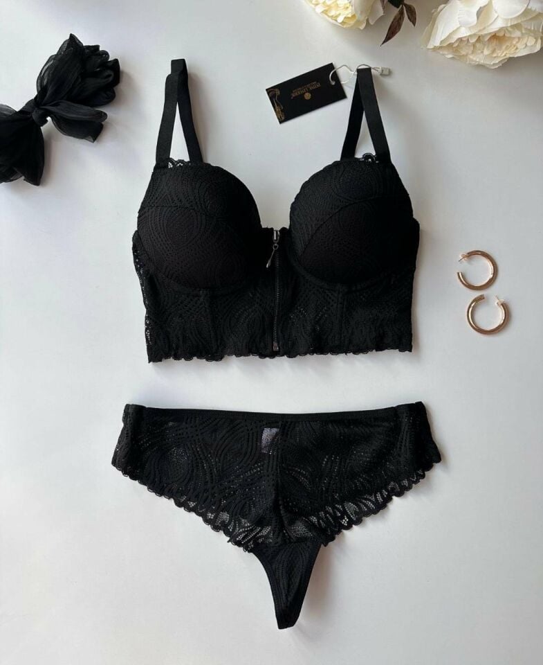 Carol Dantelli Push-up Önü Fermuar Detaylı Korse Sütyen Takım - 2509 Siyah - 75B