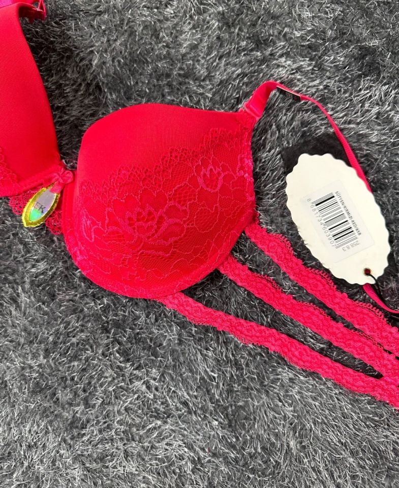 Intive Bride Yanları 3 Şeritli Dantelli Balenli Boş Cup Sütyen (Kırmızı-Beyaz)-258 Kırmızı - 85B