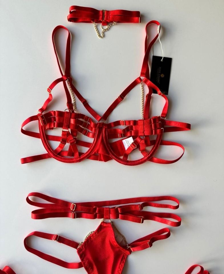 Jude Kadın Zincirli Harness Detaylı Kırmızı Jartiyer Takım S