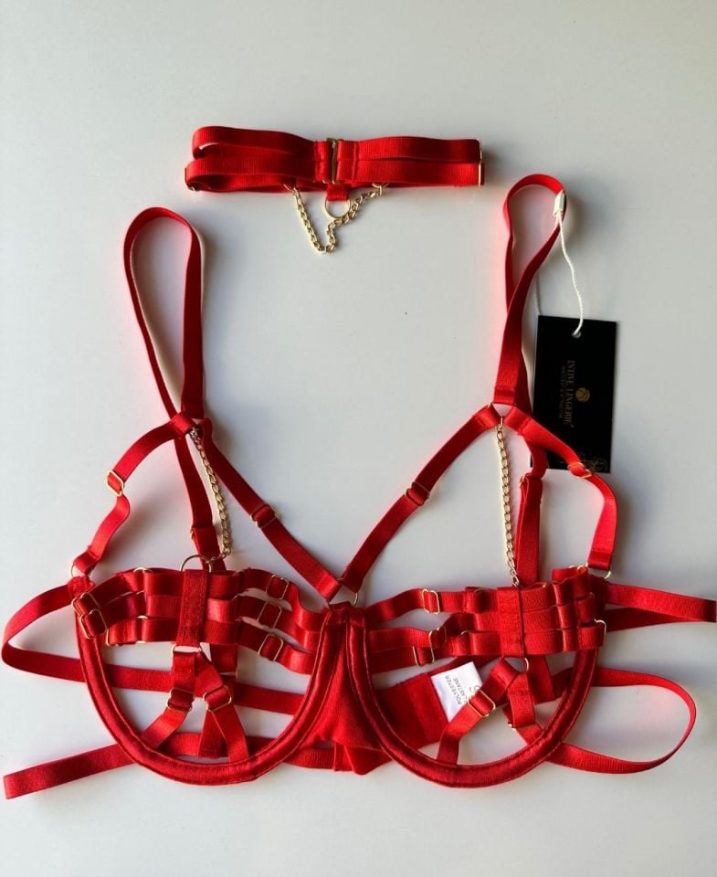 Jude Kadın Zincirli Harness Detaylı Kırmızı Jartiyer Takım S