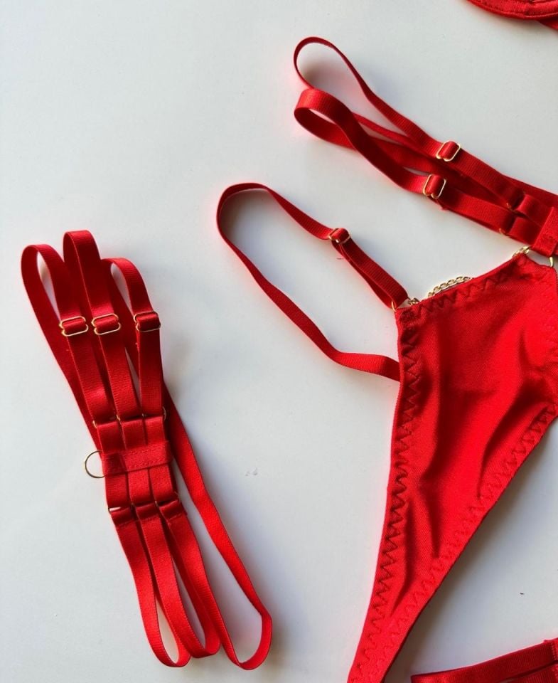 Jude Kadın Zincirli Harness Detaylı Kırmızı Jartiyer Takım S