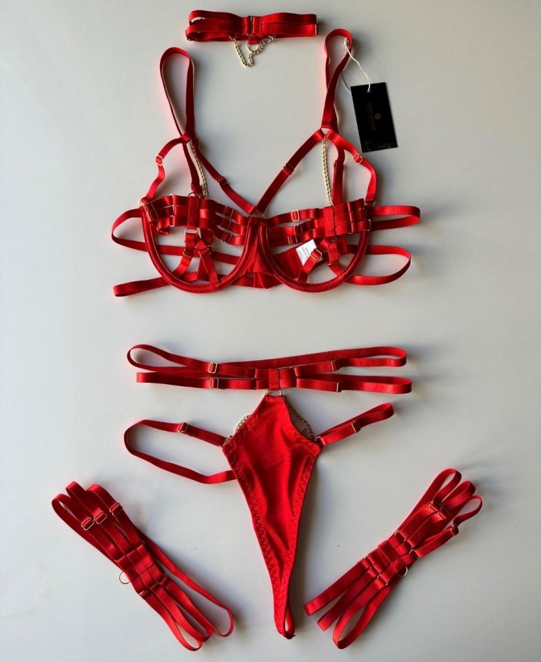Jude Kadın Zincirli Harness Detaylı Kırmızı Jartiyer Takım S