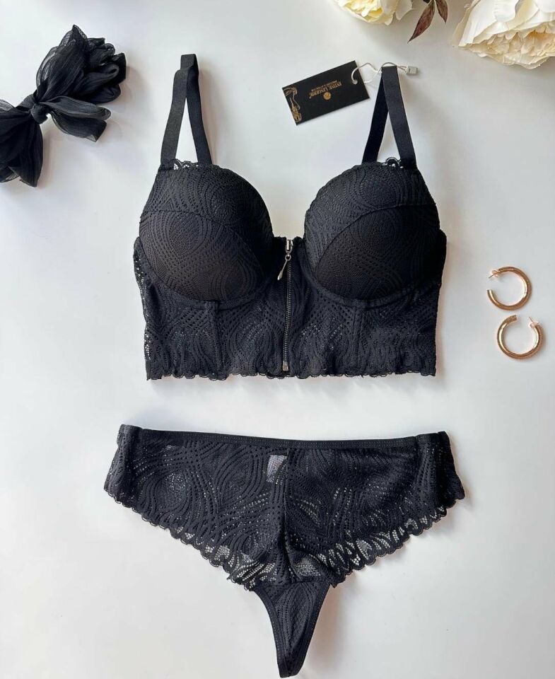 Carol Dantelli Push-up Önü Fermuar Detaylı Korse Sütyen Takım - 2509 Siyah - 80B