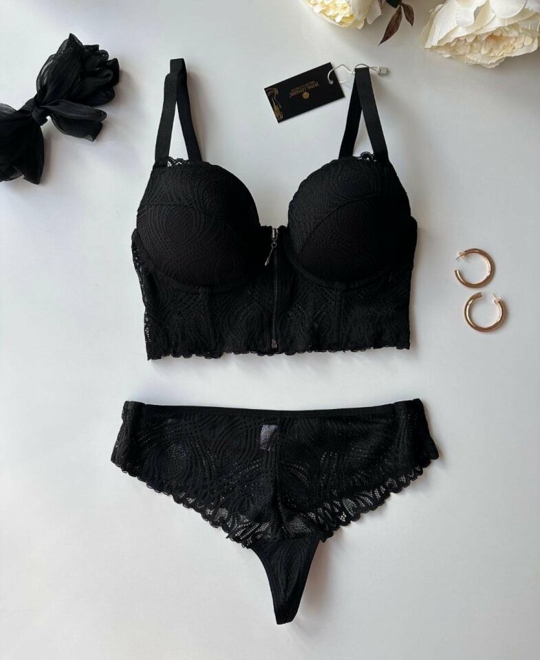 Carol Dantelli Push-up Önü Fermuar Detaylı Korse Sütyen Takım - 2509 Siyah - 85B
