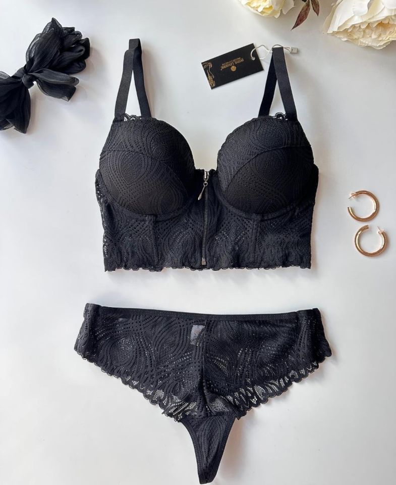 Carol Dantelli Push-up Önü Fermuar Detaylı Korse Sütyen Takım - 2509 Siyah - 85B