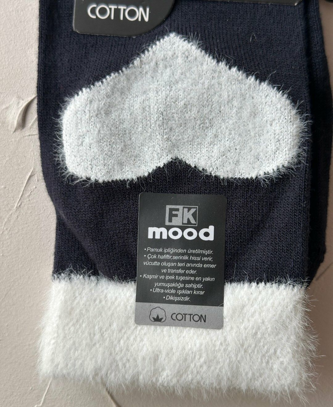 FK Mood Pamuklu Peluş Kalp Detaylı Dikişsiz Sevimli Parfümlü Dikişsiz Burunlu Soket Çorap Lacivert/Beyaz - Tek Ebat