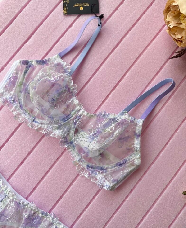 Flower Inside Lila Transparan Çiçek Desenli Seksi Sütyen Takım Lila - 80