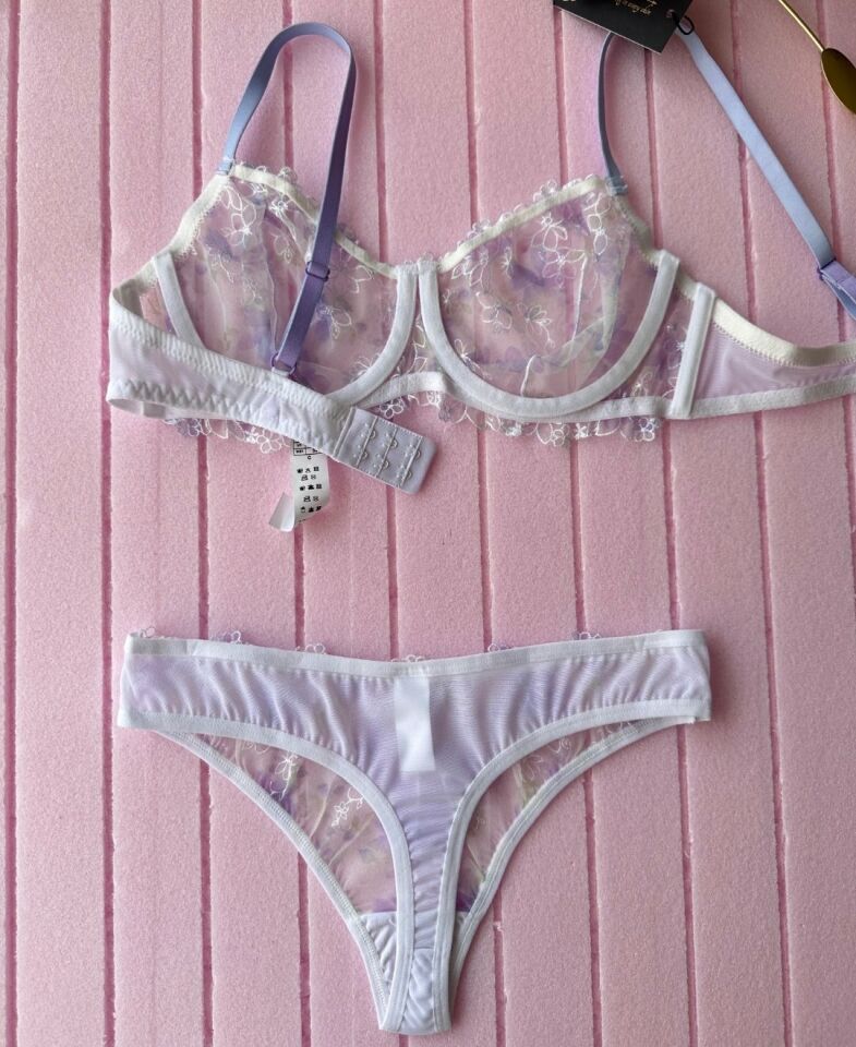 Flower Inside Lila Transparan Çiçek Desenli Seksi Sütyen Takım Lila - 80