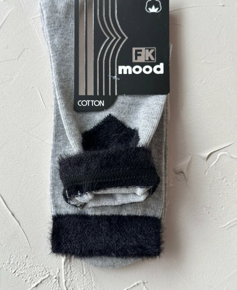 FK Mood Pamuklu Peluş Kalp Detaylı Dikişsiz Sevimli Parfümlü Dikişsiz Burunlu Soket Çorap Gri/Siyah - Tek Ebat