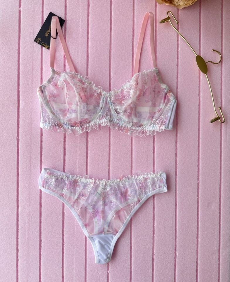 Flower Inside Pembe Transparan Çiçek Desenli Seksi Sütyen Takım Pembe - 90