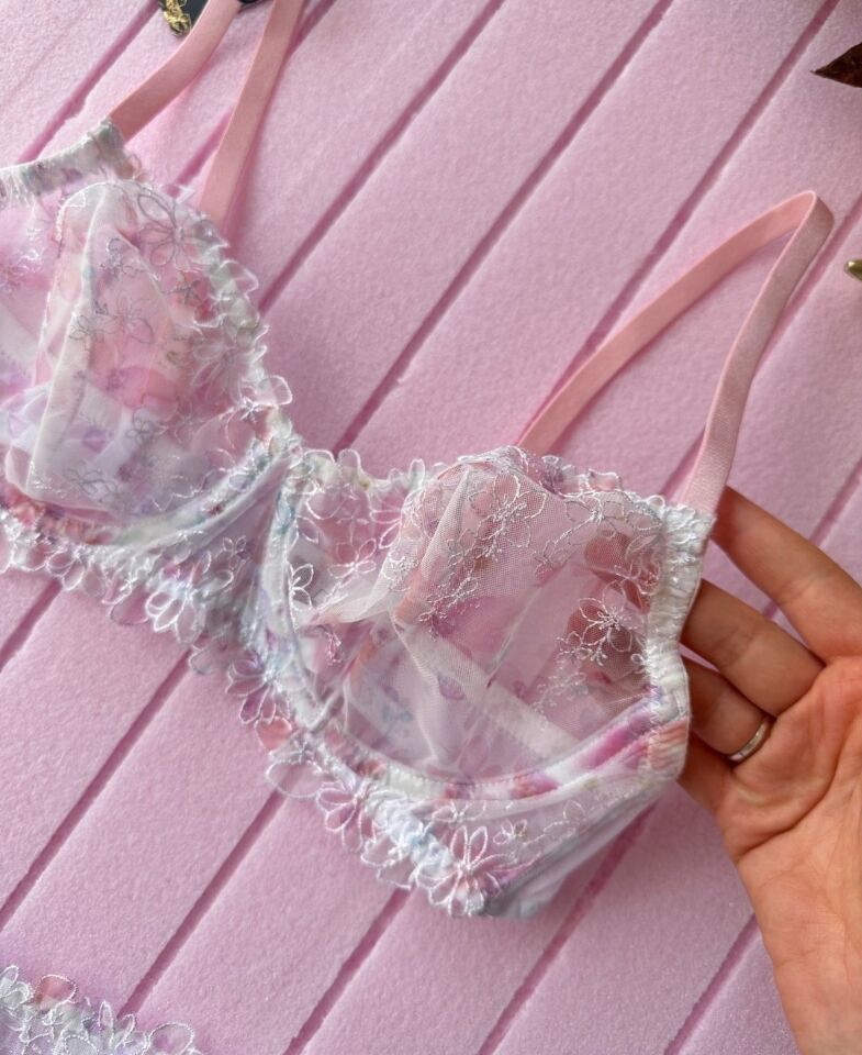 Flower Inside Pembe Transparan Çiçek Desenli Seksi Sütyen Takım Pembe - 90