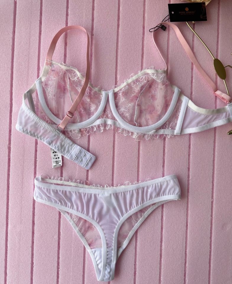 Flower Inside Pembe Transparan Çiçek Desenli Seksi Sütyen Takım Pembe - 90