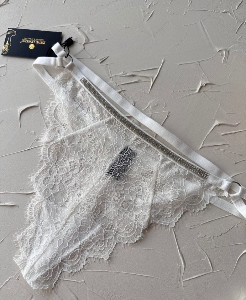 Kadın Beli Parlak Taşlı Dantelli Ağı Pamuklu Şeritli Tanga Beyaz - Tek Ebat