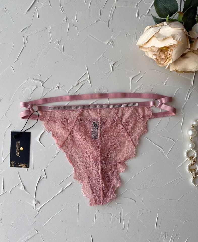Kadın Beli Parlak Taşlı Dantelli Ağı Pamuklu Şeritli Tanga Pembe - Tek Ebat