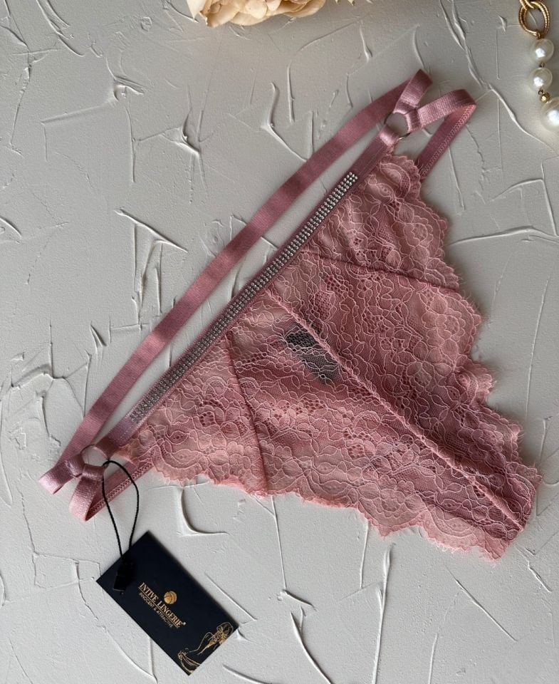Kadın Beli Parlak Taşlı Dantelli Ağı Pamuklu Şeritli Tanga Pembe - Tek Ebat