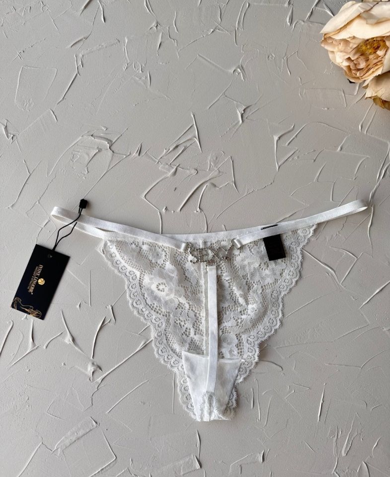 Arkası Parlak Taşlı -Sexy- Yazılı Dantelli String (Special Edition) Beyaz - Tek Ebat