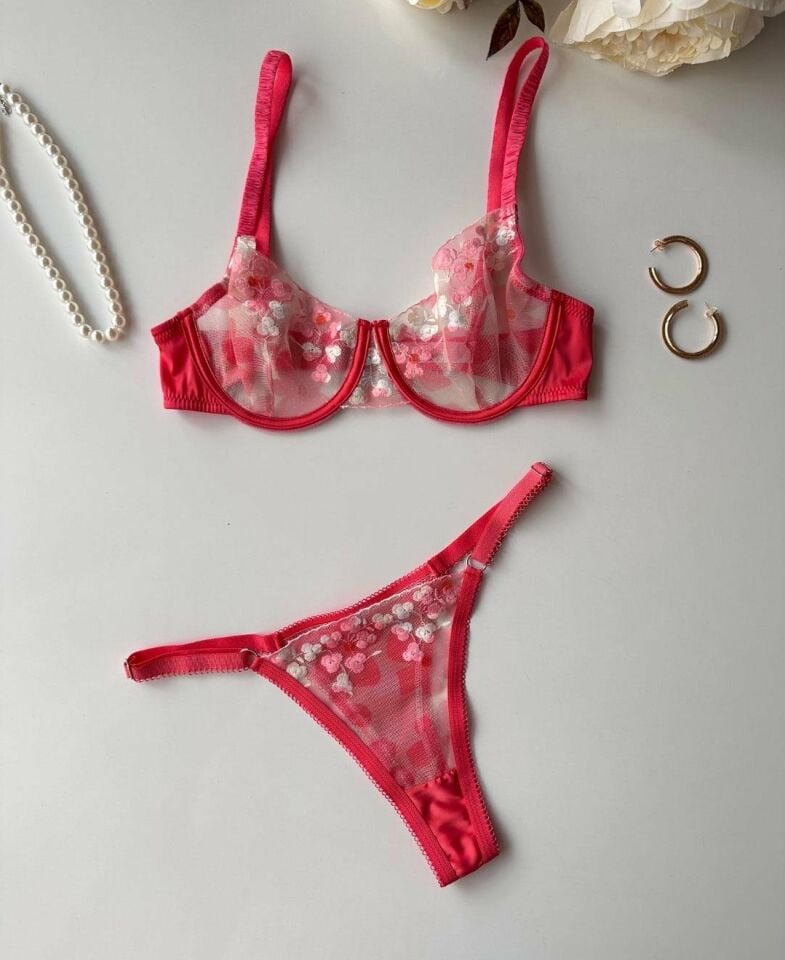 Daniela Kadın Nar Çiçeği Çiçek Desenli Tanga Detaylı Transpran Seksi İkili Sütyen Takım Nar Çiçeği - 75B