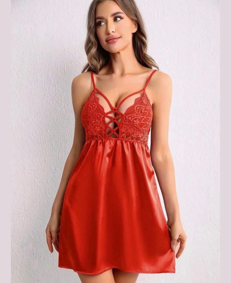 Lily Bianca Önü Çapraz Bağlamalı Dantelli Saten Kırmızı Gecelik/Babydoll-431 Kırmızı - L/XL