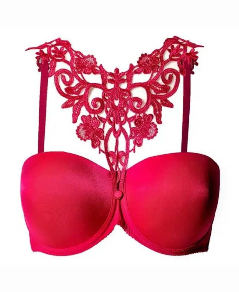 NBB Boynu Dantel Aksesuar Detaylı Push-up Straplez Sütyen-3692 Fuşya - 90B