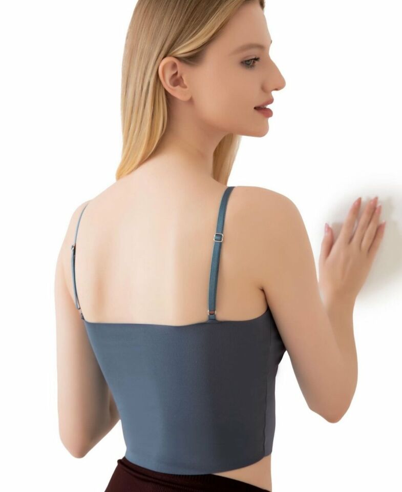 İnce Askılı Dikişsiz V Yaka İz Yapmaz Büstiyer/Croptop Mavi - S