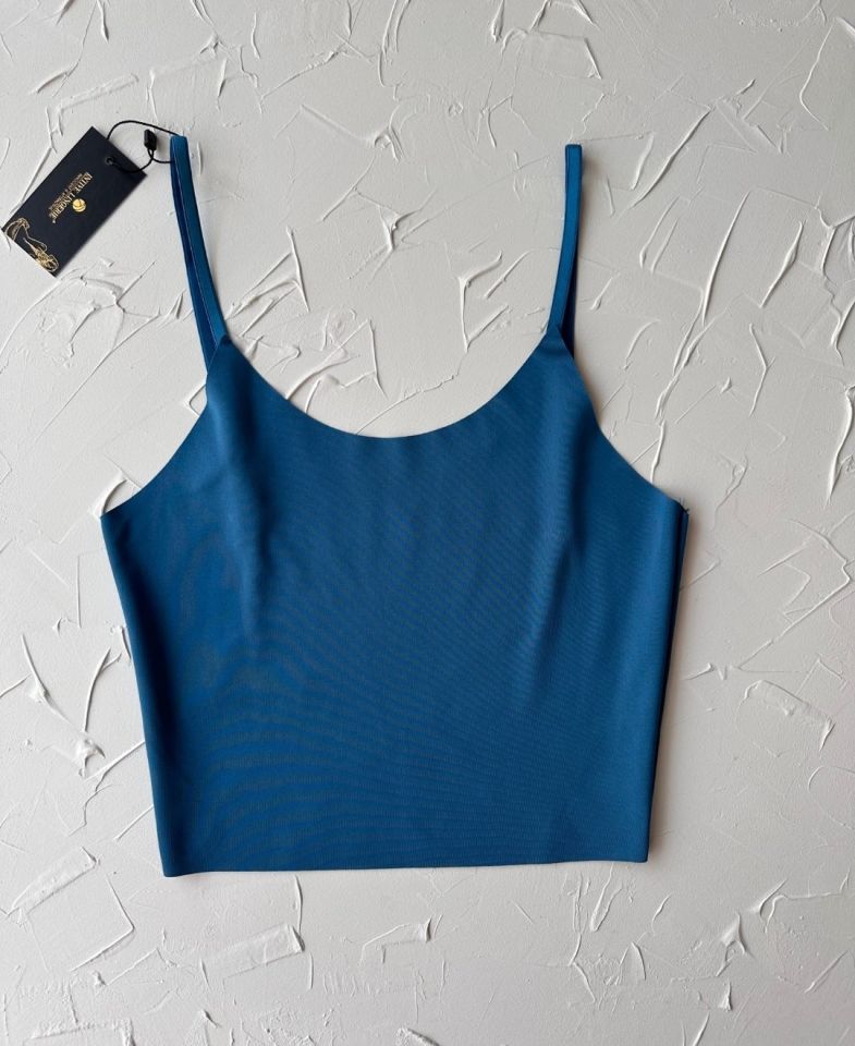 İnce Askılı Dikişsiz V Yaka İz Yapmaz Büstiyer/Croptop Mavi - L