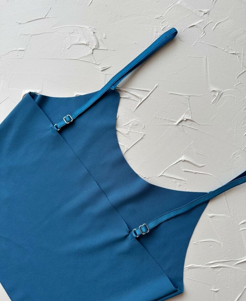 İnce Askılı Dikişsiz V Yaka İz Yapmaz Büstiyer/Croptop Mavi - L