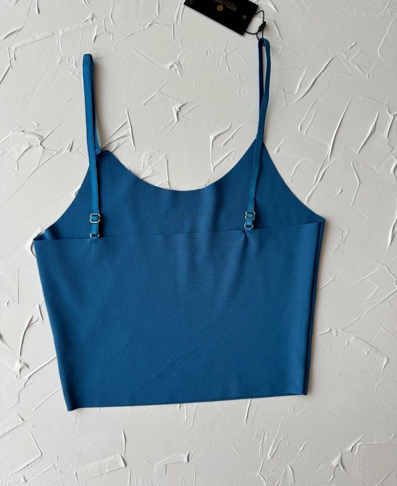 İnce Askılı Dikişsiz V Yaka İz Yapmaz Büstiyer/Croptop Mavi - L
