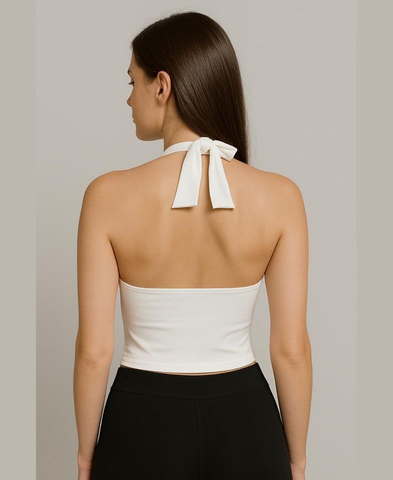 Intive V Yaka Çıkarılabilir Padli Boyundan Bağlamalı Croptop/Büstiyer Beyaz - S/M