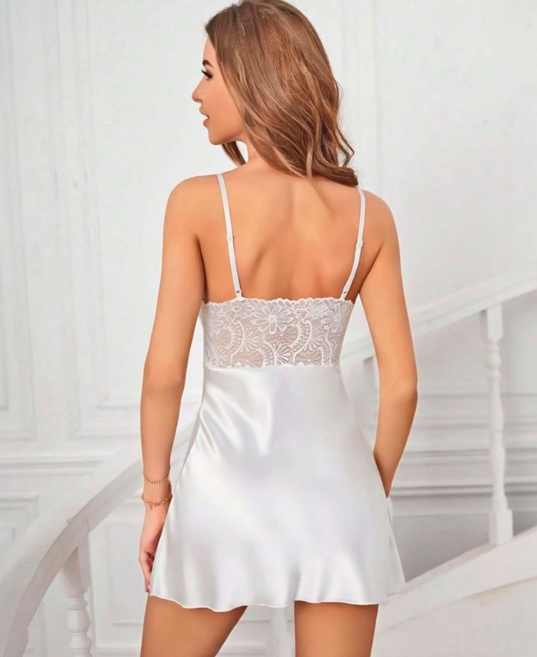 Lily Bianca Önü Dantel Detaylı Saten Beyaz Mini İnce Askılı Gecelik/Babydoll-450 Beyaz - L/XL