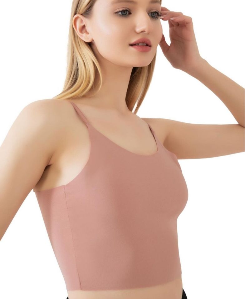 İnce Askılı Dikişsiz V Yaka İz Yapmaz Büstiyer/Croptop Pudra  - S