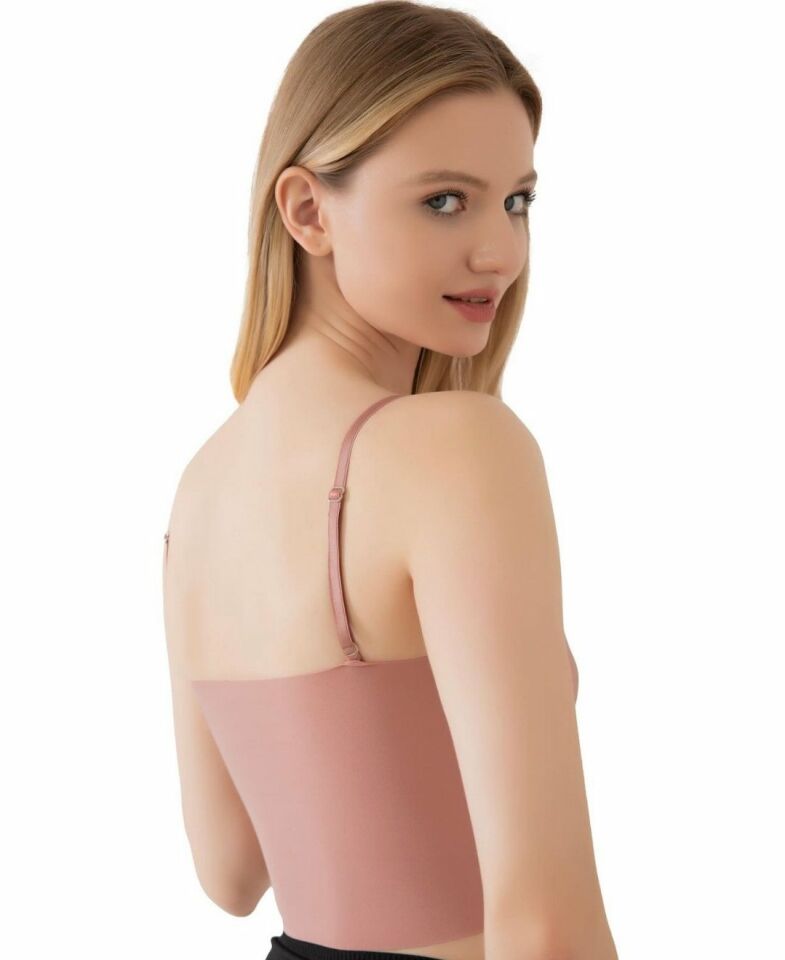İnce Askılı Dikişsiz V Yaka İz Yapmaz Büstiyer/Croptop Pudra  - S