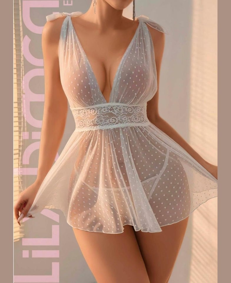 Lily Bianca Beyaz Puantiyeli Transparan Derin Dekolte Gecelik Takım-1014 Beyaz - L/XL
