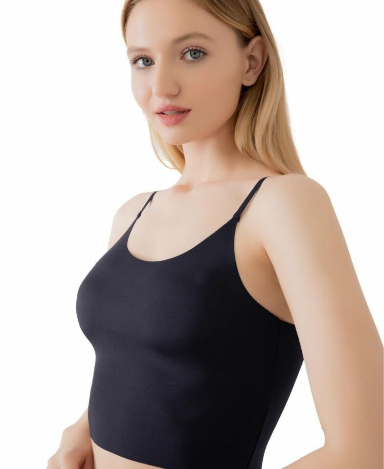 İnce Askılı Dikişsiz V Yaka İz Yapmaz Büstiyer/Croptop Siyah - S