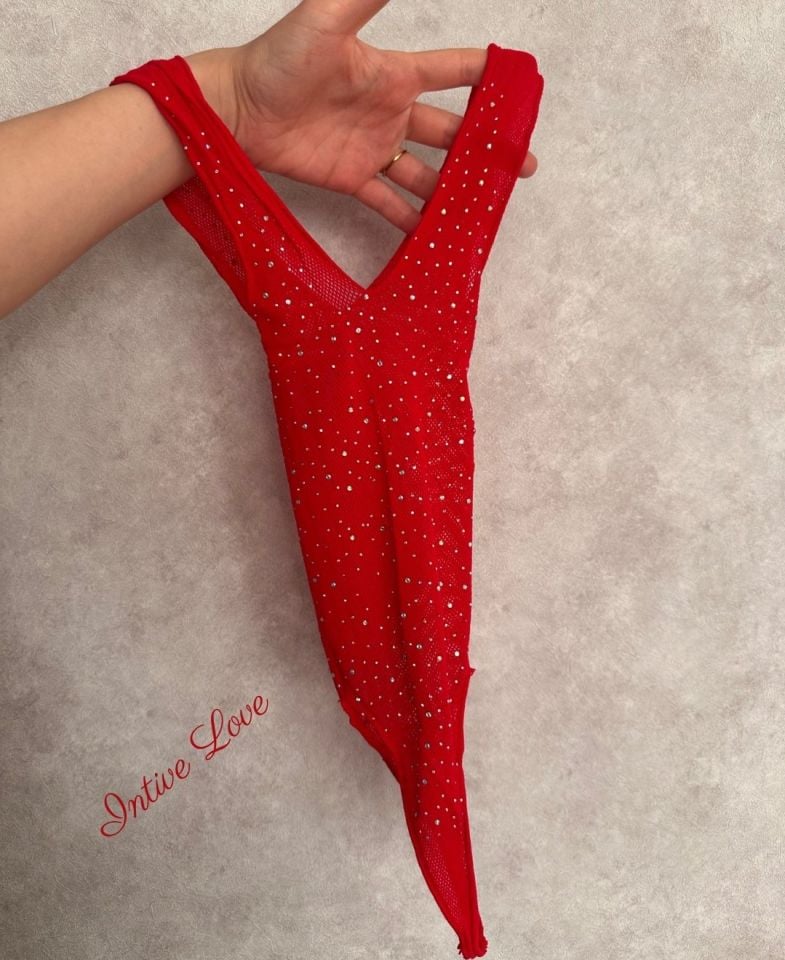 Intive Kırmızı Serpme Taşlı Fileli İthal Bodysuit 2'li Çorap Takım