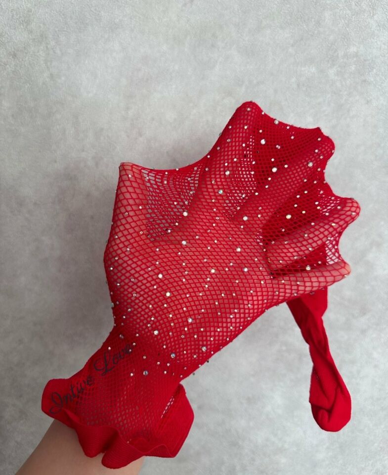 Intive Kırmızı Serpme Taşlı Fileli İthal Bodysuit 2'li Çorap Takım