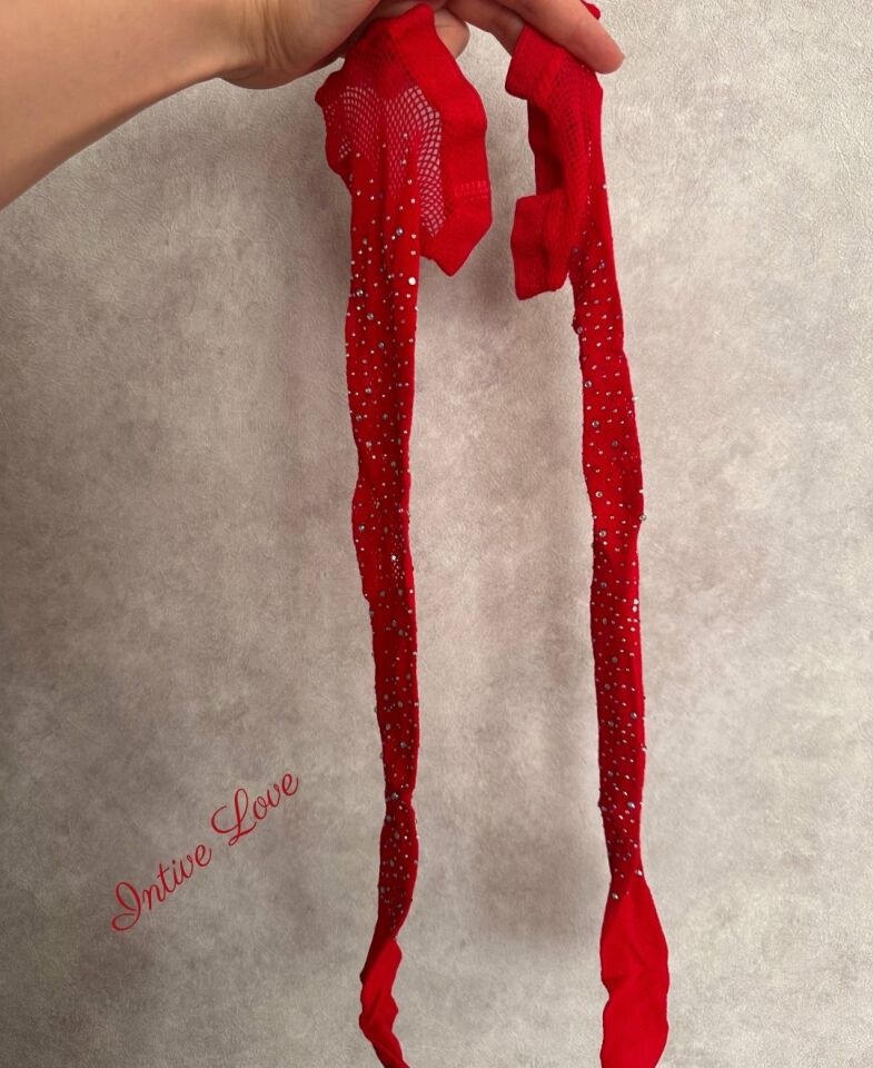 Intive Kırmızı Serpme Taşlı Fileli İthal Bodysuit 2'li Çorap Takım